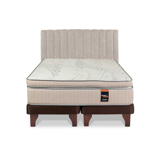 Cama Europea Flex Base Dividida 2 Plazas Máximo Cobre + Respaldo Tubular Beige