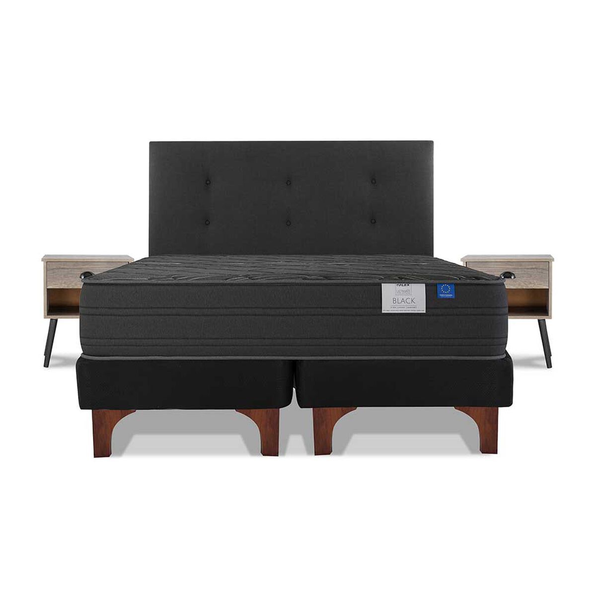 Cama Europea Flex Base Dividida 2 Plazas Black + Respaldo + 2 Veladores