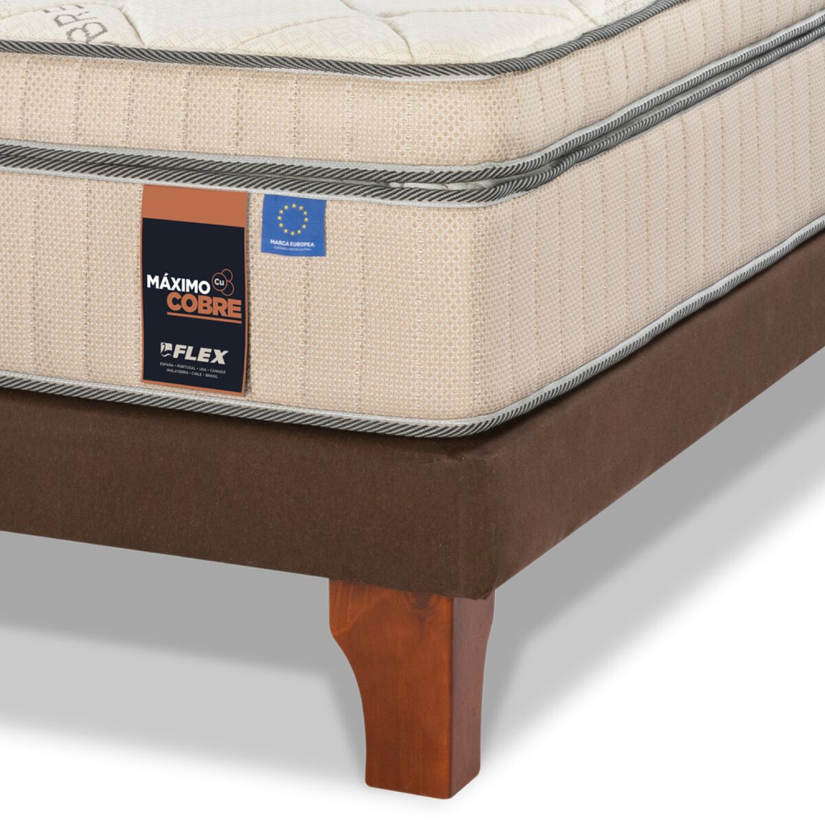 Cama Europea Flex 1,5 Plazas Máximo Cobre + Respaldo + Velador Colonia