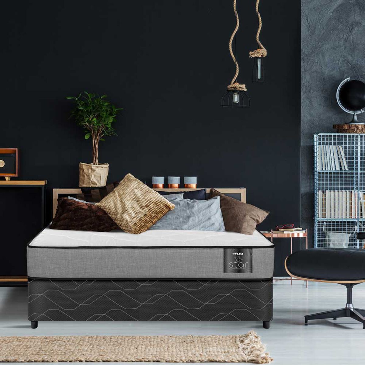 Cama Americana Flex 1,5 Plazas Star + Respaldo Royal Negro + Velador Rock