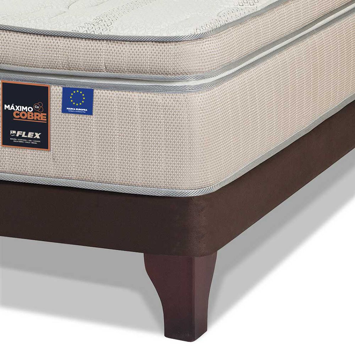 Cama Europea Flex Base Dividida 2 Plazas Máximo Cobre + Respaldo Tubular Beige