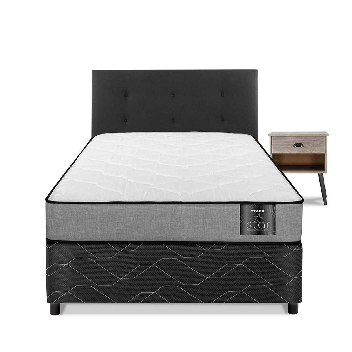Cama Americana Flex 1,5 Plazas Star + Respaldo Royal Negro + Velador Rock