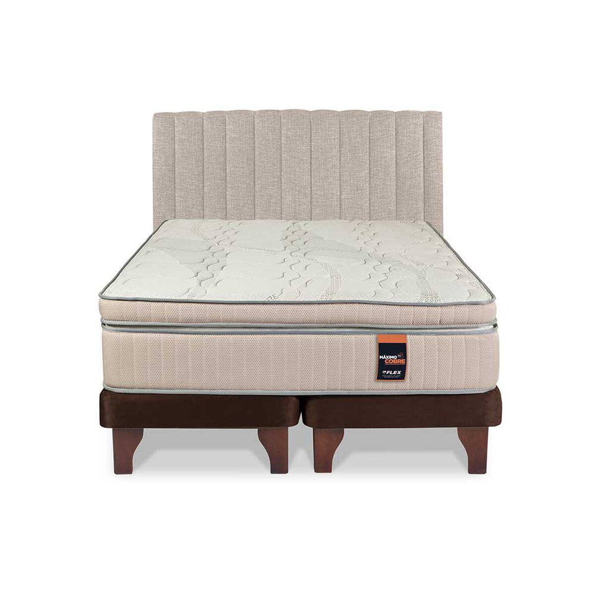 Cama Europea Flex Base Dividida 2 Plazas Máximo Cobre + Respaldo Tubular Beige