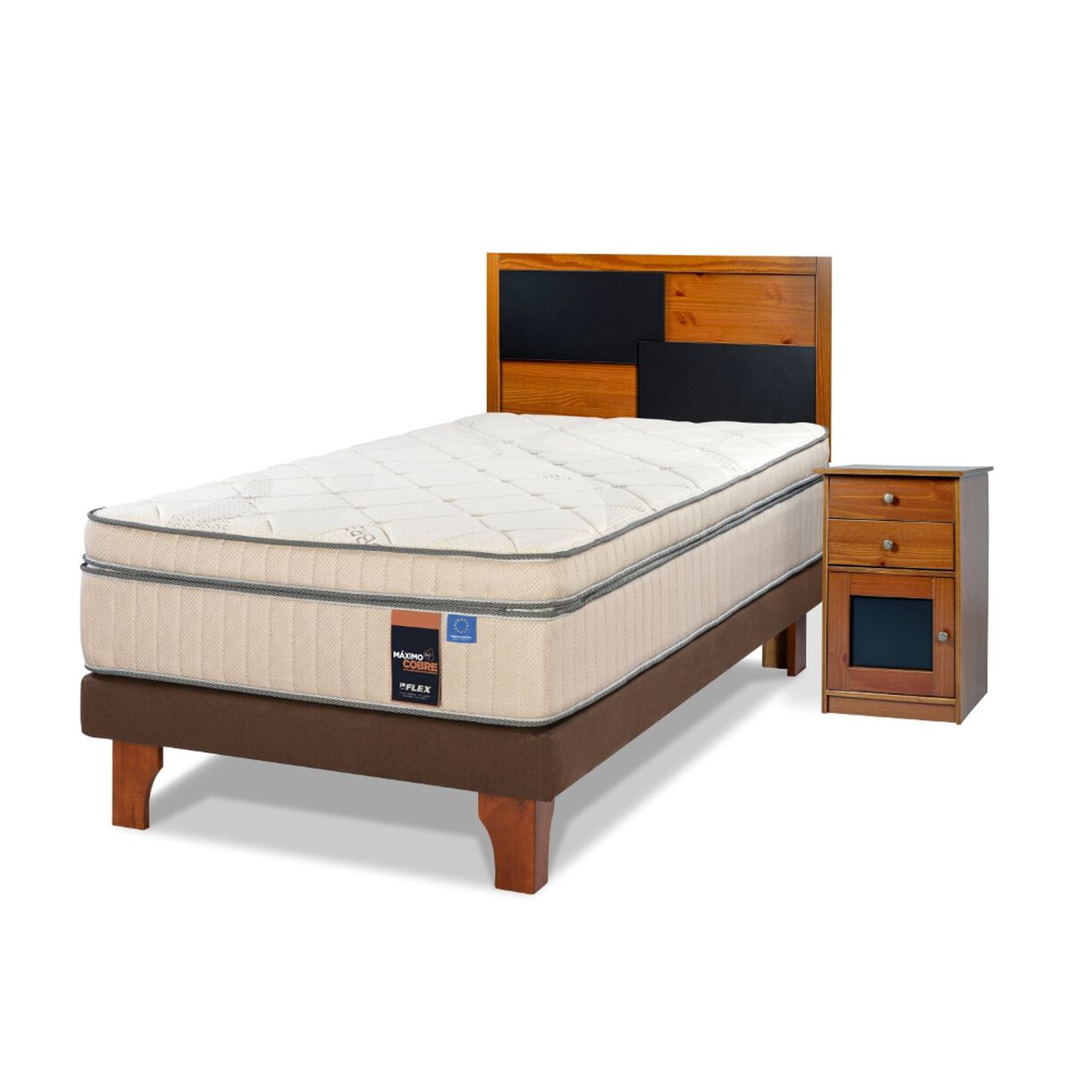 Cama Europea Flex 1,5 Plazas Máximo Cobre + Respaldo + Velador Colonia