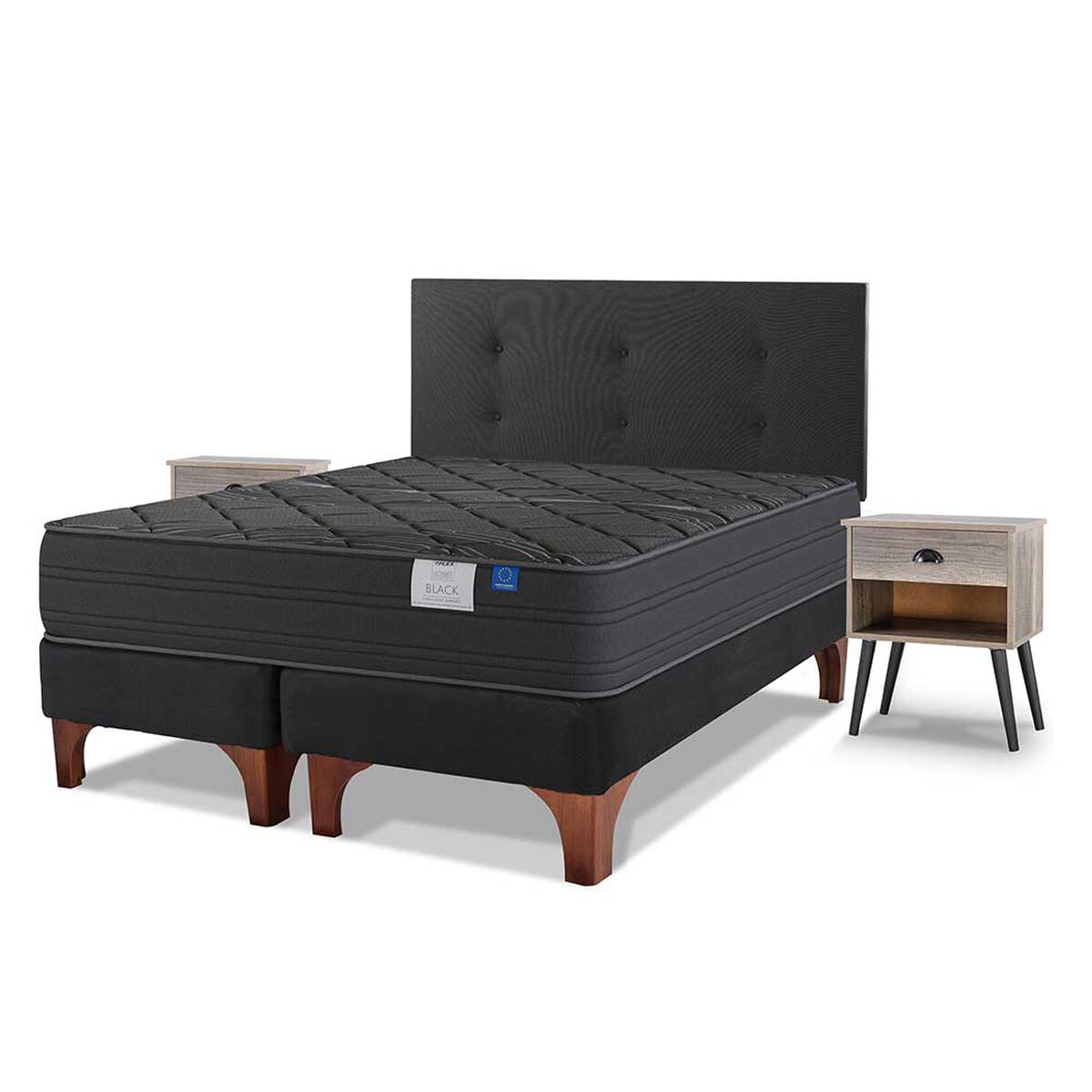 Cama Europea Flex Base Dividida 2 Plazas Black + Respaldo + 2 Veladores