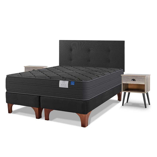 Cama Europea Flex Base Dividida 2 Plazas Black + Respaldo + 2 Veladores