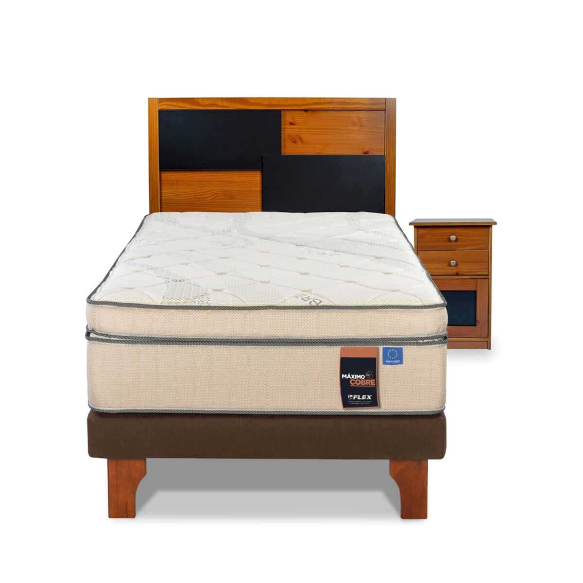 Cama Europea Flex 1,5 Plazas Máximo Cobre + Respaldo + Velador Colonia